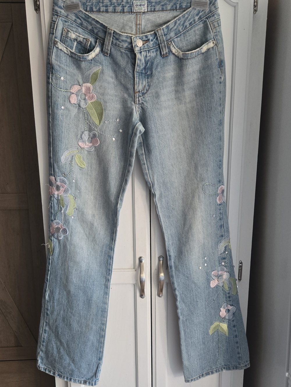 Guess Light Blue Denim  Low Rise , Wide-Leg Jeans with Pink Floral Embroidery